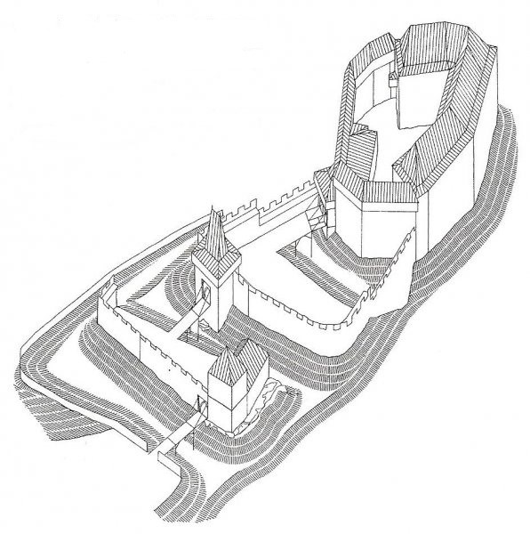 Pravděpodobná podoba hradu okolo r. 1400 - kresba J. Durdíková