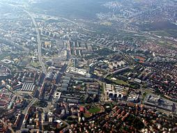 letecký pohled na Pankrác, Nusle a Krč (severní část Prahy 4)