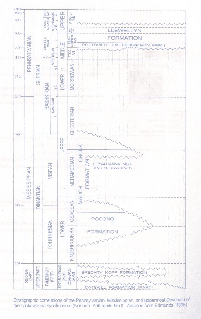 Stratigraphic correlations of the pennsylvanin,mississippian,and uppermost devonian of the lackawanna synclinorium(Northen Anthracite field)