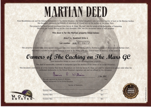 Caching on the Mars Geocoin Eigentümer Zertifikat