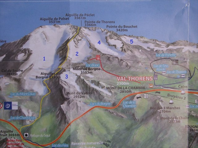 carte des glaciers de Val Thorens vu de la vallée ou de la cime Caron