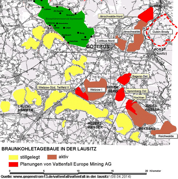 Tagebauverteilung um den Oberspreewald herum