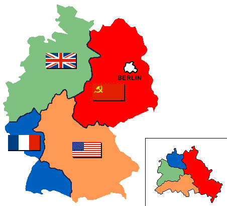 Duitsland en Berlijn, verdeeld in vier sectoren. Bron: Wikipedia