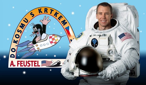 Astronaut Andrew Feustel a krtek Zdeňka Milera - logo kampaně Do kosmu s krtkem Astronaut Andrew Feustel a krtek Zdeňka Milera - logo kampaně Do kosmu s krtkem