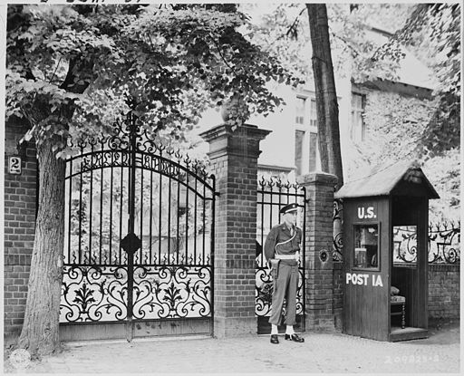 Military Police stand guard at entrance to the "Little White House," residence of President Truman in Babelsberg... - NARA - 198937