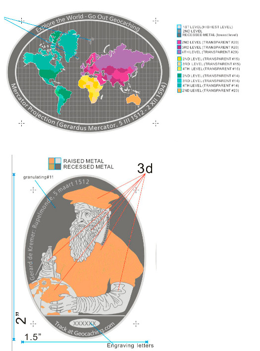 Mercator Geocoin - front Final Artwork of the Mercator Geocoin