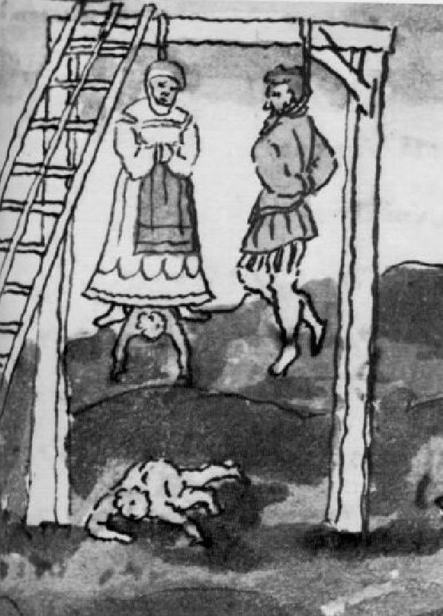 Zeitgenössische Darstellung eines zweischläfrigen Galgens