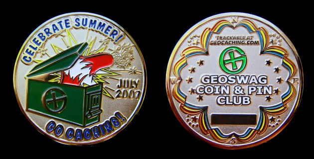 July Geoswag Coin and Pin Club Geocoin front and back