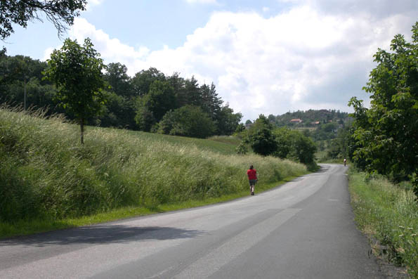 Pohled ke Svaté. Místo, kde je zlom svahu - a silnice začíná stoupat.