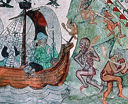 Sankt Olof på ett skepp med sitt helgonattribut yxan i Dingtuna kyrka