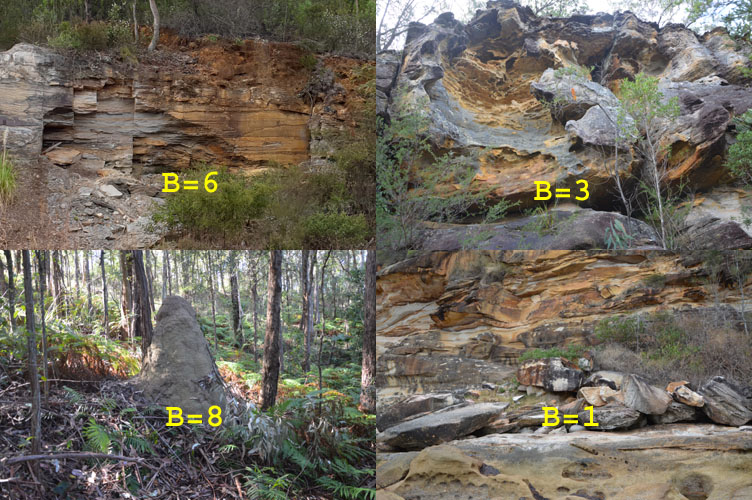 Four images: an eroded cliff face (B=6), honeycombed caves (B=3), a termite mound (B=8) or fallen boulders (B=1)