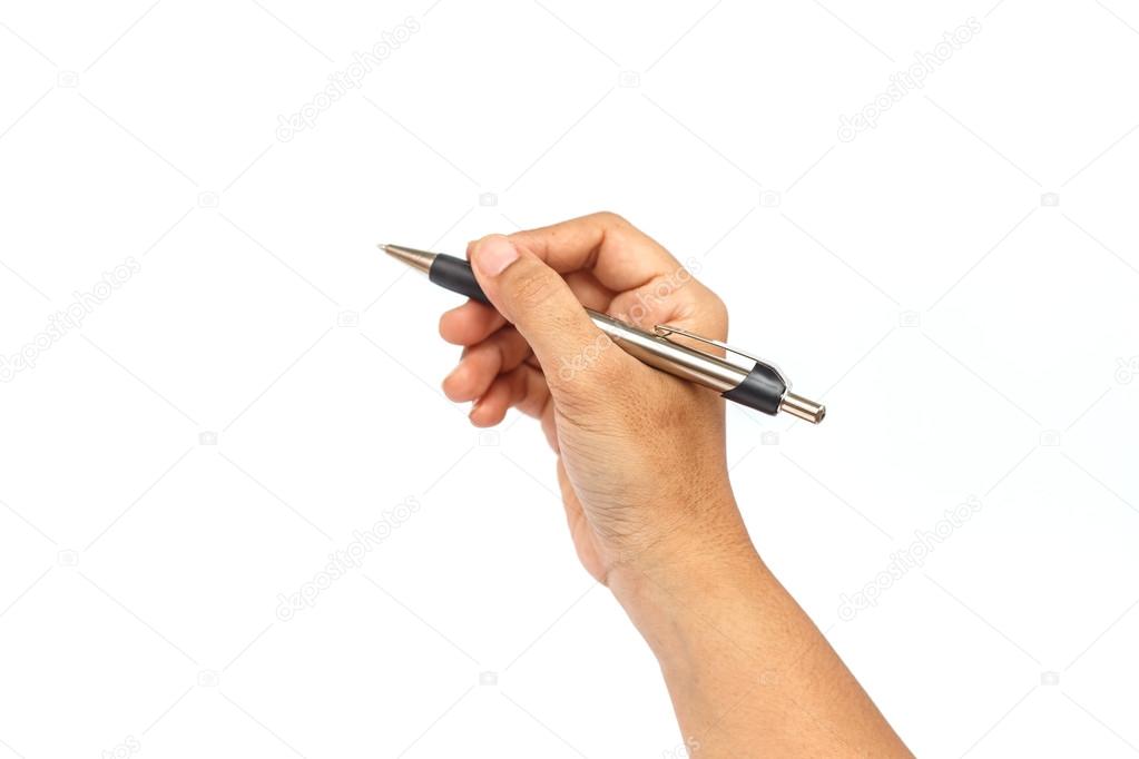 Mão segurando a caneta isolada em background branco — Fotografia de Stock