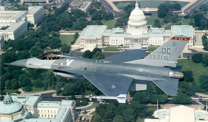 USAF F-16A of the 113th TFW of the DC ANG flying over capitol hill [GD photo]