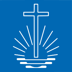 Logo der NAK: weißes Kirchenemblem auf hellblauem Hintergrund