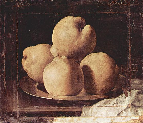 Still Life with Dish of Quince. Painting by Francisco de Zurbarán (1598 - 1664); Wikimedia Commons, PD-old