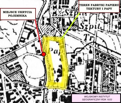 Mapa z roku 1933 przedstawiające obszar zakładów papierniczych zarządzanych wówczas przez syna Puala Lamprechta - Aleksandra Lamprechta